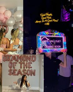 two photos one with a sign and the other has balloons in front of it that say diamonds of the season