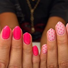 Shirt Cute Nail Ideas, Hot Pink Polka Dot Nails, Short Pattern Nails, Pink Nails Polka Dots, Pink Polka Dot Nail Designs, Nail Designs For Super Short Nails, Short Easy Nail Art, Simple Nail Designs Beginner, Colorful Polka Dot Nails