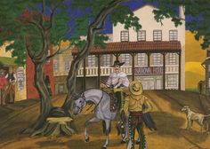 a drawing of a man on a horse in front of a building with people and dogs