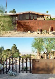 two pictures of a house in the desert with cactus trees and fenced in area