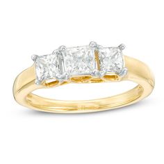 A compelling look, this sparkling fancy-cut diamond engagement ring is designed to delight. Crafted in 14K gold, this simply styled design shimmers with a 1/2 ct. princess-cut diamond flanked by 1/4 ct. princess-cut stones. So elegant with 1 ct. t.w. of diamonds and a brilliant buffed luster, this three-stone comfort-fit engagement ring is a signature of your love. Gold Three Stone Princess Cut Diamond Ring, Gold Princess Cut Three Stone Diamond Ring, Gold Princess Cut Diamond Ring With Three Stones, White Princess Cut Three Stone Diamond Ring, Fine Jewelry Three Stone Princess Cut Diamond Ring, Princess Cut Three Stone Diamond Promise Ring, Three Stone Princess Cut Diamond Ring, Princess Wedding Rings, Edwardian Art