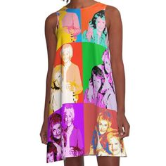 Loose-fit, mid-length sleeveless dress with silky handfeel. Printed on both sides. Machine washable. Size range XS-2XL. Golden Girls Pop Art Design! Dorothy, Sofia, Blanche, and Rose. Retro Sleeveless Dress With Graphic Print, Artistic Multicolor Sleeveless Dress, Pop Art Design, Golden Girls, Woven Dress, Dress For Sale, Audrey Hepburn, Dress Fabric, Mid Length