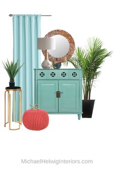 a blue dresser with plants and a mirror on it, next to the words accent pieces