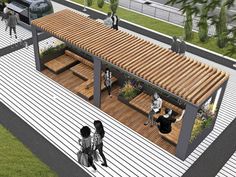 an artist's rendering of a covered patio with people sitting at tables and talking