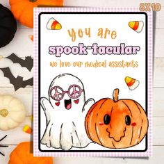 a halloween card with two ghostes and pumpkins