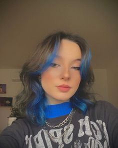 Under Part Of Hair Dyed Blue, Blue Hair On Light Brown Hair, Lob Peekaboo Highlights, Blue Hair Color On Short Hair, Blue Hair Dye Ideas For Brown Hair, Brown Hair Faded Into Blue, Peak A Boo Blue Hair Color, Blue Under Color Hair, Front Hair Dyed Streaks Blue