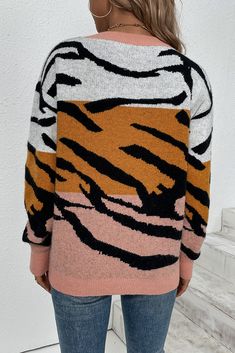 Animal Print Style, Stylish Tunic, Buy Sweaters, Animal Print Fashion, Print Sweater, Tiger Stripes, Knit Sleeve, Print Style, Ribbed Neckline