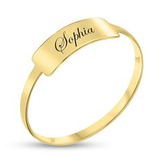 With personalized flair, this bar ring is a great addition to her jewelry box. Crafted in warm 10K gold, this stylish choice features a center bar adorned with a name or message - up to 10 characters in length - inscribed in an attractive script font. Buffed to a brilliant luster, this ring is a unique look just for her. Personalization options do not support the use of numeric characters, in addition to restrictions listed below. 14k Gold Nameplate Bracelet For Anniversary, Personalized Nameplate Ring For Promise, Personalized Engraved Nameplate Ring For Promise, Classic 14k Gold Custom Name Bracelet, Classic Nameplate Promise Ring, Yellow Gold Engraved Promise Ring With Name, Engraved Nameplate Ring For Promise, Classic Yellow Gold Custom Name Bracelet, Yellow Gold Promise Ring With Engraving