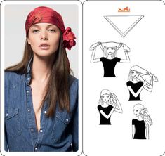 a woman wearing a bandana and denim shirt with the instructions for her headband