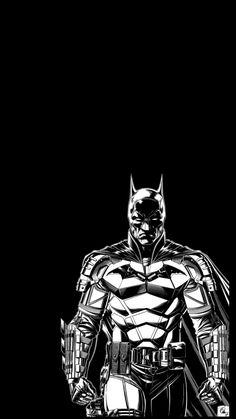 the batman in black and white is standing with his hands on his hips, looking at something