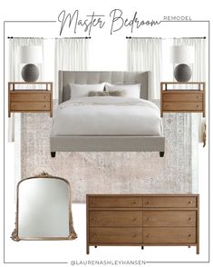 Bedroom Master Inspiration Upholstered Headboards, Carpeted Master Bedrooms Decor, Nightstands For Beige Upholstered Bed, Grey Bed Master Room, Gray Upholstered Bedroom Ideas, Grey Upholstered Bed Bedroom Ideas, Greige Bed, Grey Neutral Bedroom, Upholstered Bedroom Ideas