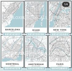 six maps of the city of barcelona, new york, san francisco, and miami