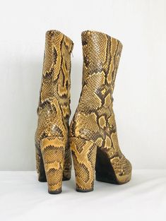 "Sorry SOLD OUT Do not buy Checkout by other boots! These are the real deal. Rare THE CHELSEA COBBLER - Snakeskin Platform Boots. This is Rock n Roll Fashion. Vintage Circa 68 - early 70s Bespoke / Custom Made by \"The Chelsea Cobbler\" No Size Marked see measurements for best fit. Measure like a US 8. Made in England Genuine Snakeskin - Python Mid Calf Heavy duty YKK Metal Zippers Leather Lining Leather soles Snakeskin covered platform and Heel Very well made. My shoe Cobbler commented on the c Rock N Roll Fashion, Shoe Cobbler, Dream Wishlist, Boots Mid Calf, Rock N Roll Style, Vintage Hippie, Fashion Vintage, Cobbler, Cool Cards