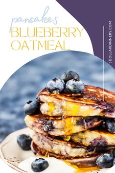 blueberry oatmeal pancakes on a plate with syrup