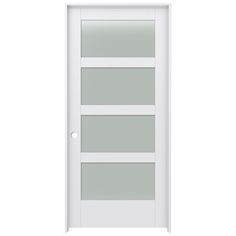 a white door with frosted glass on the front and side panels, against a white background