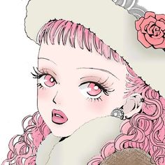 a drawing of a woman with pink hair wearing a hat and holding a teddy bear