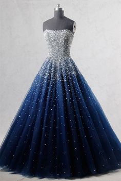 Gorgeous Strapless Beaded Dark Blue Tulle Long Prom Dresses, Open Back Beaded Dark Blue Formal Evening Dresses, Beaded Blue Ball Gown #promdress #promdresses #promdresses2023 #bluepromdress #formaldress #eveningdress #promgown #formalgown #eveninggown #ballgown #promfashion #promstyle #promnightdress Gaun Abad Pertengahan, 파티 드레스, Prom Ball Gown, Blue Evening Dresses, Beaded Prom Dress, Cute Prom Dresses, Pretty Prom Dresses, Custom Size Dresses, Dress Evening