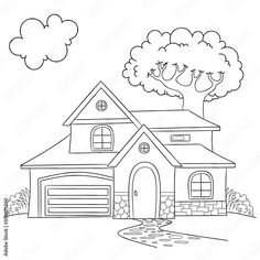 a house with a tree in the front yard coloring book page for children and adults