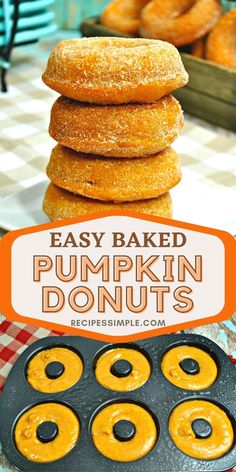 Baked pumpkin donuts stacked on top of each other Homemade Baked Donuts, Pumpkin Doughnuts, Pumpkin Donuts Recipe, Pumpkin Doughnut, Doughnut Recipe Easy, Homemade Donuts Recipe, Pumpkin Spice Donut, Baked Donut Recipes