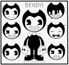 bendy faces with different expressions for each character in the cartoon, which is drawn by hand