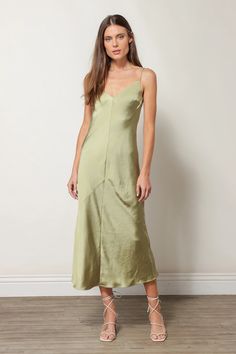 DOLLY SATIN DRESS MOSS – Line & Dot Elegant Green Slip Dress For Casual Occasions, Green Midi Dress With Bias Cut For Night Out, Green Midi Length Silk Dress, Green Midi Dress With Bias Cut, Green Bias Cut Midi Dress For Night Out, Casual Bias Cut Dresses, Chic Green Bias Cut Dress, Green Bias Cut Midi Dress For Spring, Line Dot