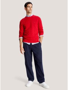 Tommy Hilfiger men's sweater. Made from soft cotton in a textured cable knit weave, this crewneck sweater is the perfect layer, complete with rib-knit cuffs, collar and hem with touches of subtle branding throughout.  Material: 100% Cotton. Red Cable Knit Crew Neck Top, Red Cable Knit Cotton Sweater, Tommy Hilfiger Sweater Men, Men's Red Cashmere Sweater, Mens Pullover Sweater Red, Tommy Hilfiger Store, Flag Logo, Tommy Hilfiger Man, New Baby Boys