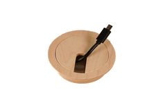 a wooden clock with a black handle on it's face and an object in the middle