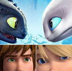 three different pictures of the same character in how to train your dragon movie, with blue eyes