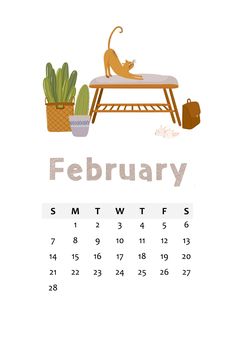 a calendar with an image of a cat sitting on a bench next to cacti