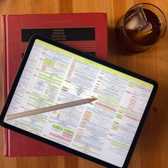 a tablet computer sitting on top of a wooden table