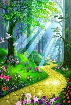 a painting of a path in the woods with butterflies