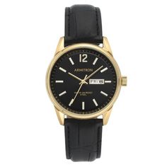 Staying comfortable yet stylish is easy while wearing this black leather strap watch from Armitron. The black dial features white luminous filled gold-tone markers with a calendar window at 3H and gold-tone outer minute track. The strap closes with a buckle and is water resistant to 100 feet. Size: Regular. Gender: male. Age Group: adult. Black Analog Watches For Office, Black Analog Watch For Office, Classic Leather Watches With Day-date Display, Black Timeless Watch With Day-date Display, Formal Black Watch With Day-date Display, Timeless Black Watch With Day-date Display, Timeless Black Watches With Day-date Display, Timeless Black Watch Accessories With Day-date Display, Modern Business Watches With Day-date Display