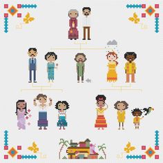 cross stitch pattern with people in different outfits