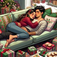 a man and woman laying on top of a couch surrounded by presents