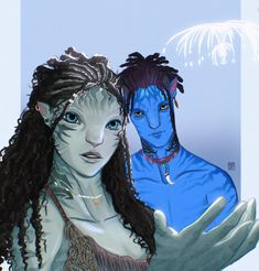 two people are dressed up as avatars with blue paint on their faces and hands