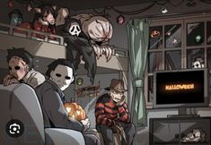 an animated image of some people in a living room with halloween decorations on the walls