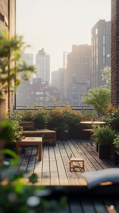 an outdoor deck with benches and plants in the foreground, surrounded by tall buildings