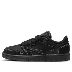 The Travis Scott x Air Jordan 1 Low OG SP 'Black Phantom' is a stylish sneaker with a classic silhouette. Featuring a black leather upper with white stitching, the shoe is accented with a beetle pattern at the heel, symbolizing progress, determination, love, and nature. It also features the iconic Cactus Jack logo on the tongue and a reversed Swoosh logo for a signature look. Perfect for everyday wear, this sneaker is also suitable for a range of activities. Inspired by Travis Scott's love of vintage style, this shoe is part of the Air Jordan x Travis Scott series. (AJ1/SNKR/Retro/Light/Low Top/Classic/Basketball) Date Night Shoes Men, Street Wear Shoes Men, Aesthetic Shoes For Men, Shoes That Match With Everything, Teen Boy Shoes, Men’s Sneakers, Cactus Jack Sneakers, Travis Scott Jordans, Cactus Jack Shoes