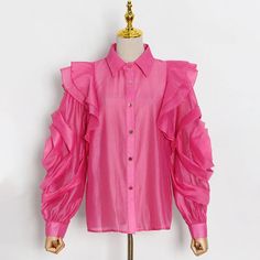 44487976747230|44487976812766|44487976878302|44487976943838 Pink Ruffled Blouse With Lantern Sleeves, Pink Lantern Sleeve Blouse With Ruffles, Pink Lantern Sleeve Tops With Ruffles, Pink Ruffled Lantern Sleeve Tops, Pink Puff Sleeve Blouse With Ruffles, Pink Ruffled Puff Sleeve Blouse, Pink Lantern Sleeve Blouse For Party, Solid Color Shirt For Spring Party, Pink Puff Sleeve Blouse For Fall