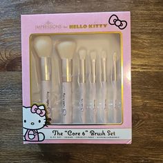 Hello Kitty Impressions Makeup Brushes 6 Pc Set The Core 6 Brush Set In Pink. New Sealed. Hello Kitty Makeup Brushes, Kitty Makeup, Hello Kitty Makeup, Kitty Items, Makeup Brush Organization, Led Makeup Mirror, Makeup Travel Case, Mini Makeup, High End Makeup