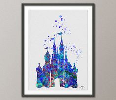 the silhouette of a castle is painted in blue and purple watercolor on white paper