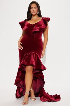 Available In Wine. Velvet Gown V-Neckline Short Ruffle Sleeves High Low Hem Stretch 95% Polyester 5% Spandex Imported | Like A Star Velvet Gown Dress in Wine size Large by Fashion Nova Velvet Dressing Gown, Black Tie Events, Velvet Gown, Woman Back, Black Tie Event, Gown Dress, Ruffle Sleeves, Matching Dresses, High Low Hem