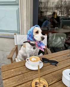 a dog wearing a bandana sitting at a table next to a cup of coffee