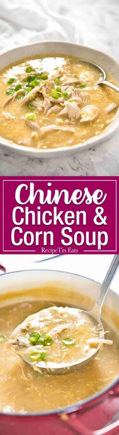 a bowl of chicken and corn soup with a spoon in it