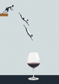 two people diving into a wine glass with one falling off the side to the other