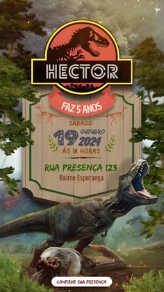 an advertisement for a dinosaur exhibit with the name hectorr in spanish and english