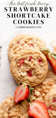 strawberry shortcake cookies on parchment paper. Cambrea Bakes, Shortcake Cookies, Dehydrated Strawberries, Strawberry Sugar Cookies, Strawberry Shortcake Cookies, Buttery Shortbread, Slow Cooker Desserts, Strawberry Cookies