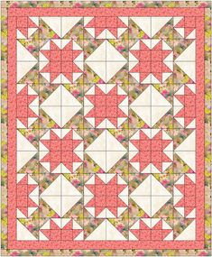 a pink and yellow quilt with white squares on the bottom, one block has been cut into