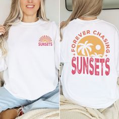 Forever Chasing Sunsets Sweatshirt or Hoodie Two Side Printed, Retro Beach Sweater, Tropical Tee, Retro Summer Sweatshirt, Aesthetic Summer While our standard processing time falls within 1 to 2 business days, you can count on us to have your shirt printed on the same day of your order placement. The sweatshirts and hoodies are cotton/poly mixed.  We employ DTF printing to craft vibrant designs, which are then expertly pressed onto our shirts, ensuring top-notch quality and long-lasting wear. -- Beach Season Streetwear Sweatshirt Crew Neck, White Long Sleeve T-shirt For Beach Season, White Long Sleeve Sweatshirt For Beach Season, Beach Season Graphic Print Long Sleeve Sweatshirt, Summer Letter Print Hoodie With Crew Neck, Summer Crew Neck Hoodie With Letter Print, Long Sleeve Graphic Print Sweatshirt For Beach Season, Long Sleeve Letter Print T-shirt For Beach Season, Long Sleeve Graphic Sweatshirt For Beach Season