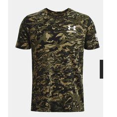 Salute Your Freedom Ua Style. Under Armour Freedom Camo Short-Sleeve T-Shirt For Men Features Patriotic Graphics Against A Camo Backdrop. He Superior Softness Of The 60% Cotton/40% Polyester Fabric Offers Comfort All Day, Any Day. This Men's Ua Freedom Camo T-Shirt Features A Ribbed Collar. Machine Wash. Imported. Casual Camouflage T-shirt For Sports, Camouflage Short Sleeve Sports Top, Casual Camouflage Sports T-shirt, Sporty Camouflage Top With Crew Neck, Military Style Short Sleeve Outdoor Tops, Military Style Short Sleeve Tops For Outdoor, Green Military Style Short Sleeve Top, Casual Green Under Armour Top, Casual Green Tops By Under Armour